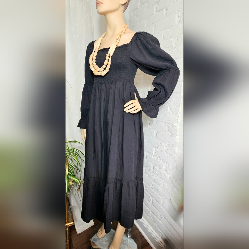 Quince Maternity Smocked Midi Dress Black Long Sleeve Tiered Cotton Size L NWT